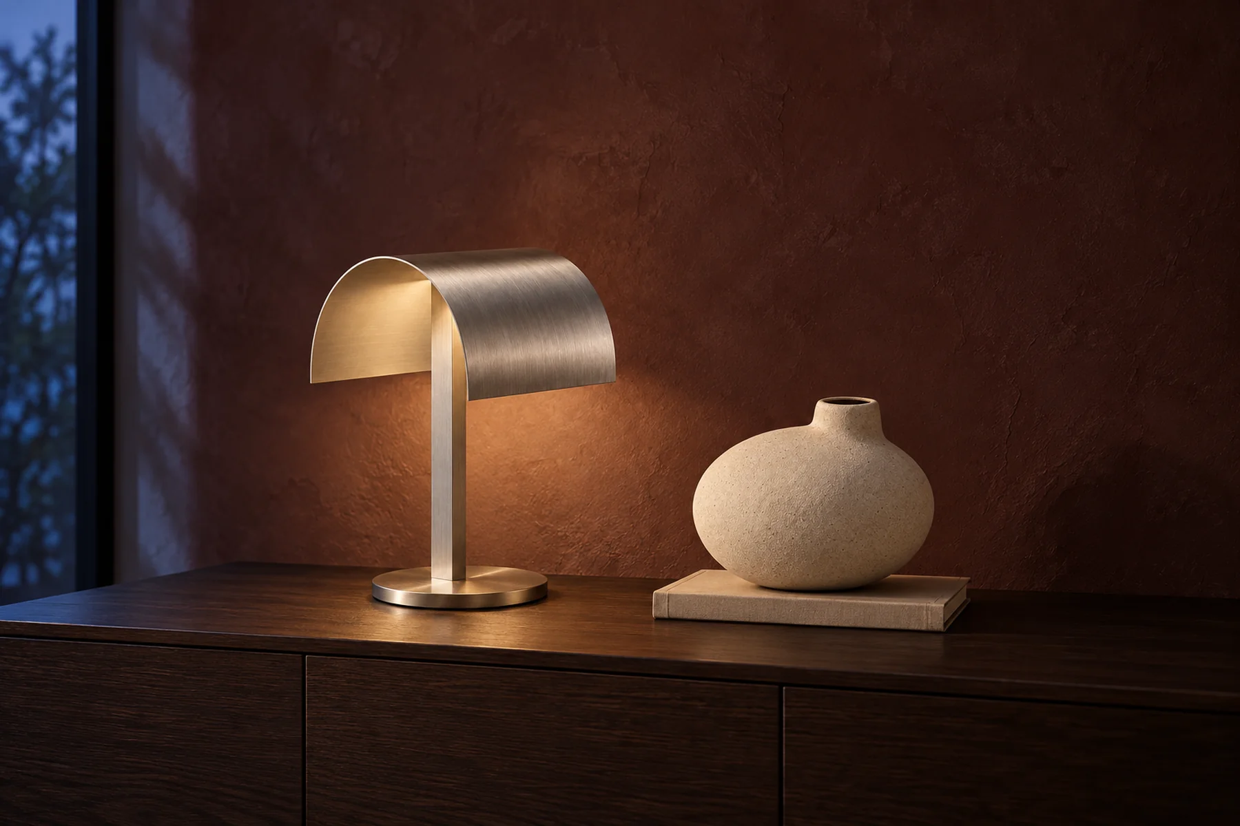 The Fold light in brushed aluminium and Hollow vessel on a dark timber shelf in the soft light of evening