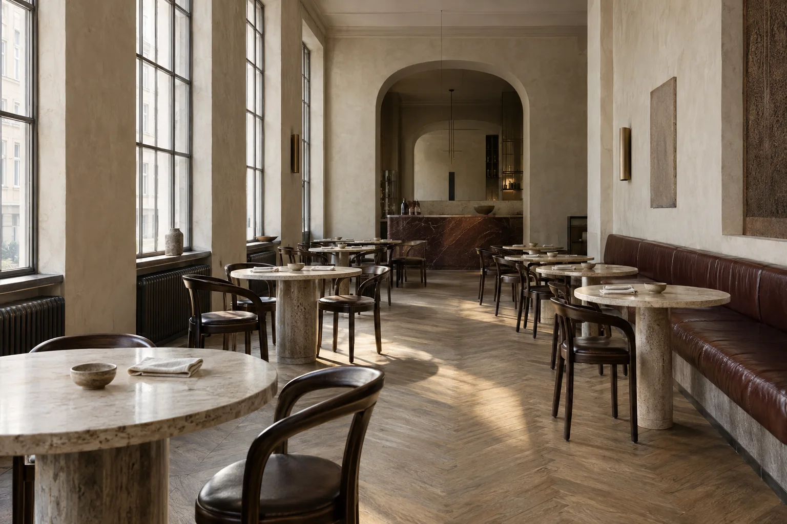 A light-filled restaurant in a former drawing office, with tall windows, a russet banquette and stone tables