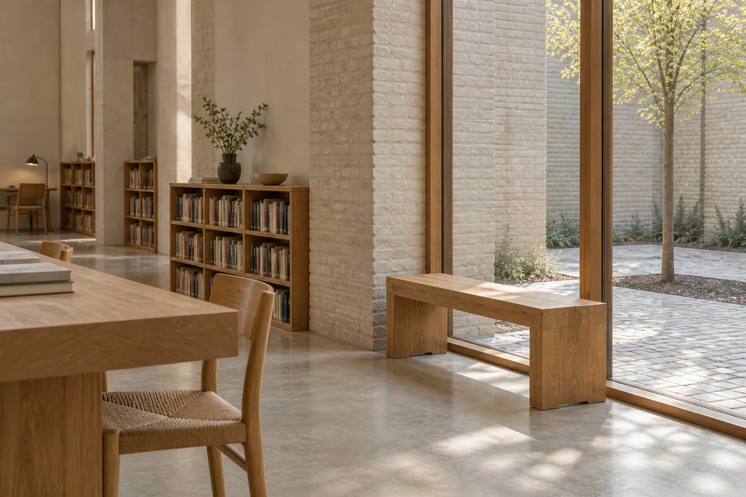 An oak reading bench beside the hall’s tall courtyard window, with pale brick and a low bookcase