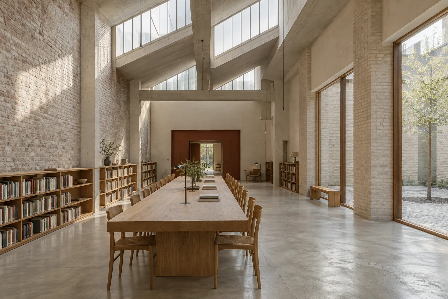 A generous civic reading hall with north-facing rooflights, pale brick piers, oak bookshelves and a shared table