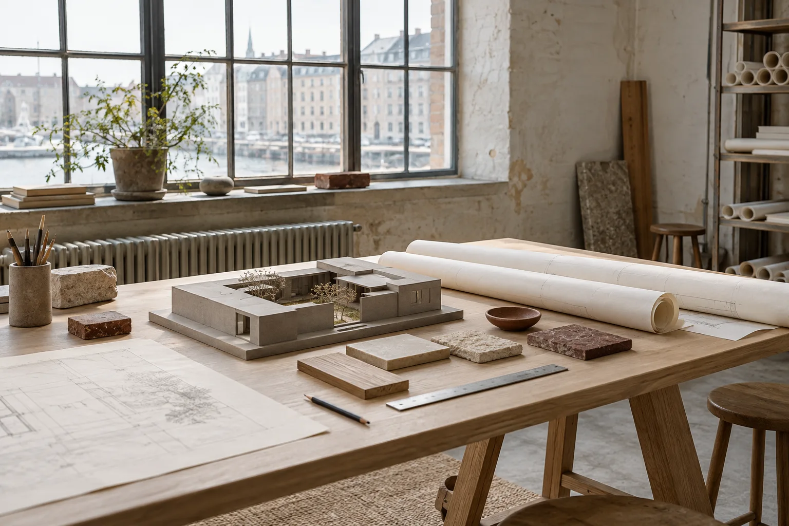 A courtyard house model, drawings and material samples on FORMA’s oak studio table