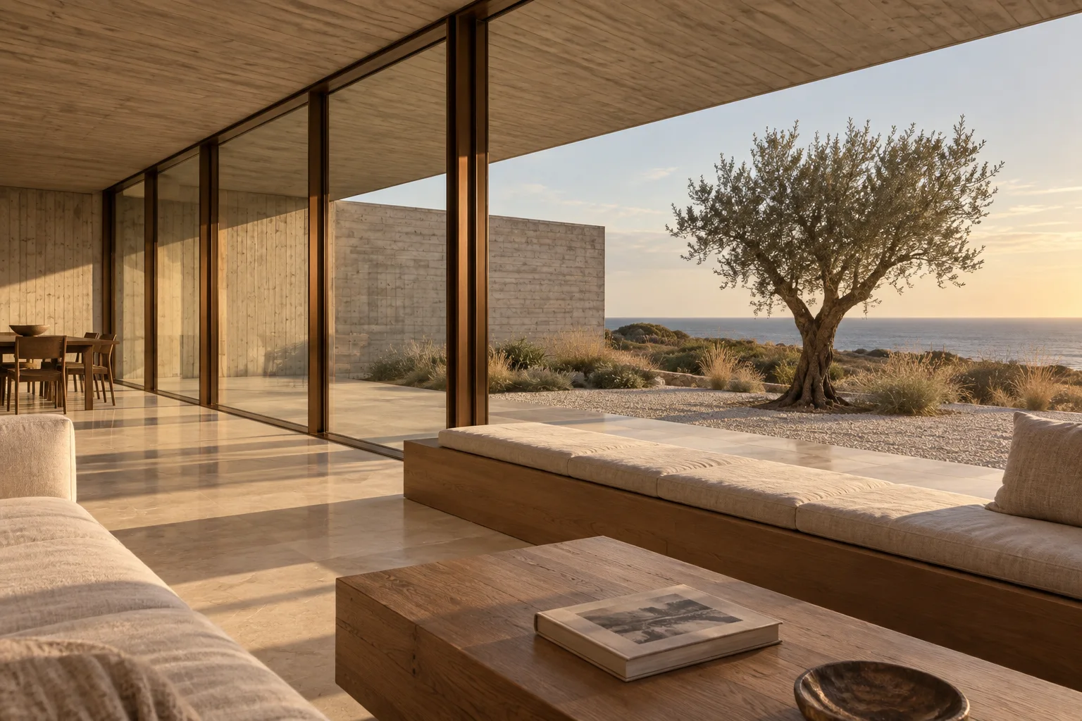 Pale concrete and oak in Tide House, with a deep window seat opening towards the coastal courtyard