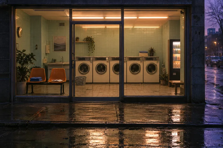 An empty neighbourhood laundrette glows warmly behind rain-dark glass, with washing machines and orange chairs.