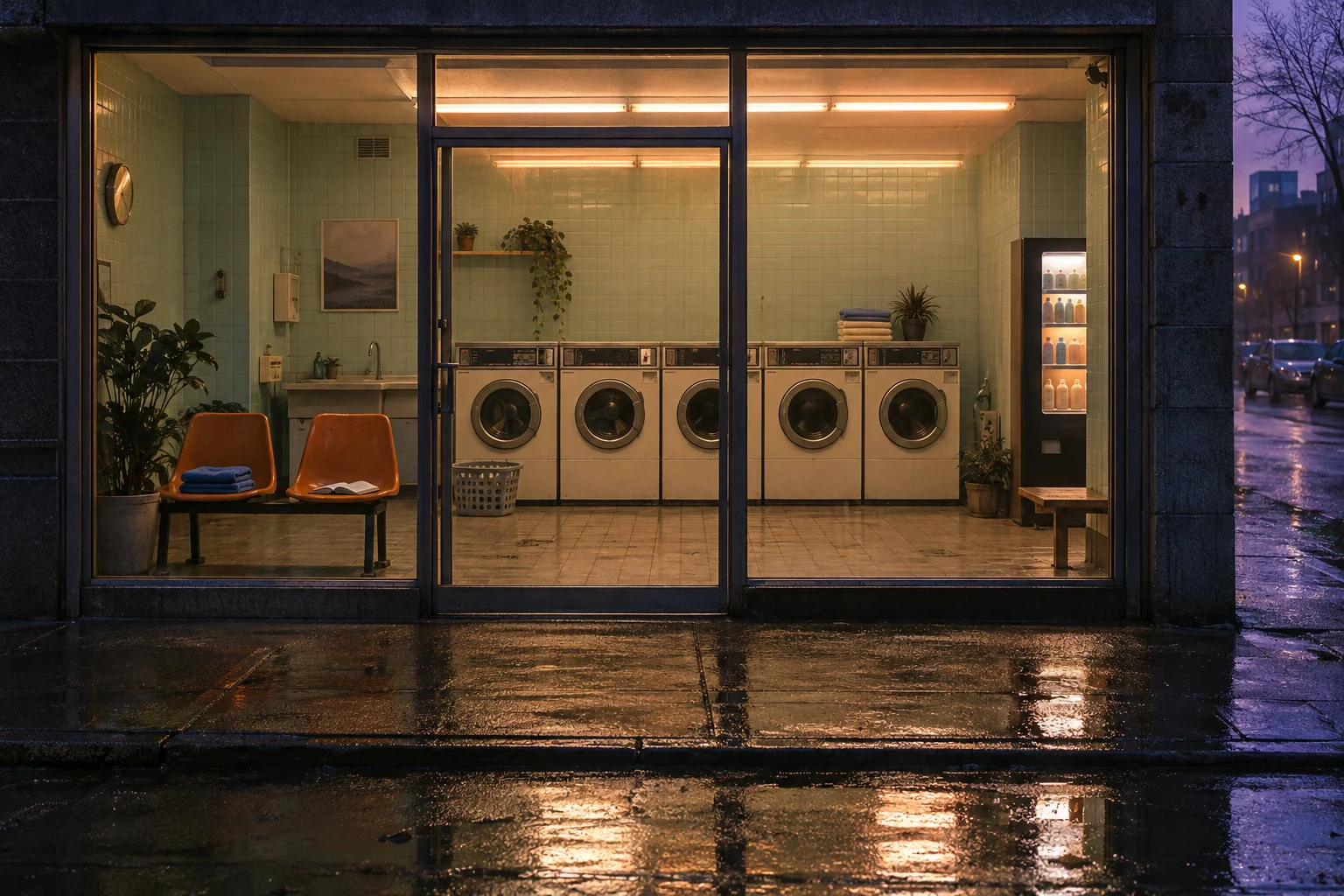 An empty neighbourhood laundrette glows warmly behind rain-dark glass, with washing machines and orange chairs.