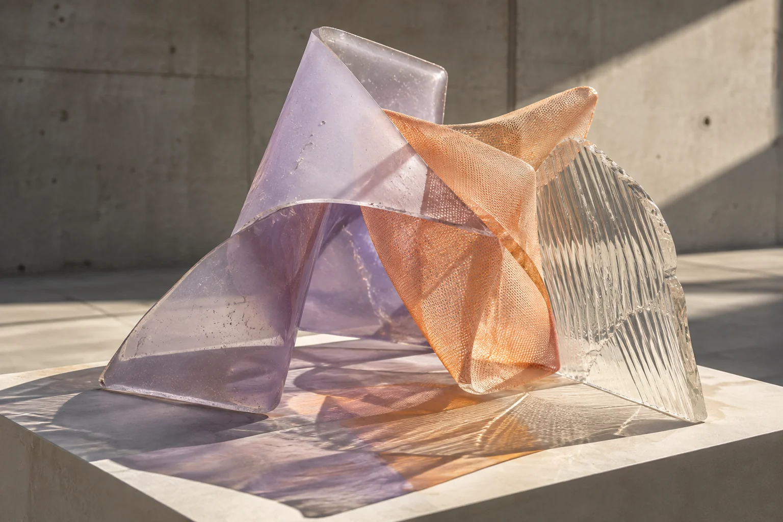 Folded lavender resin, apricot mesh and ribbed glass interlock on a pale plinth, casting layered shadows.