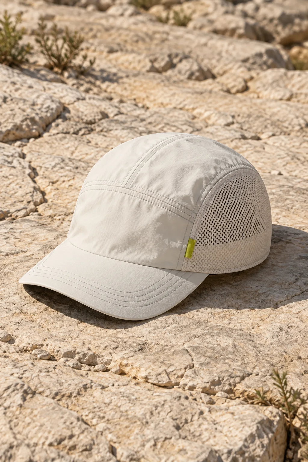 Chalk five-panel running cap with mesh side panels and a dark underbrim on sunlit limestone