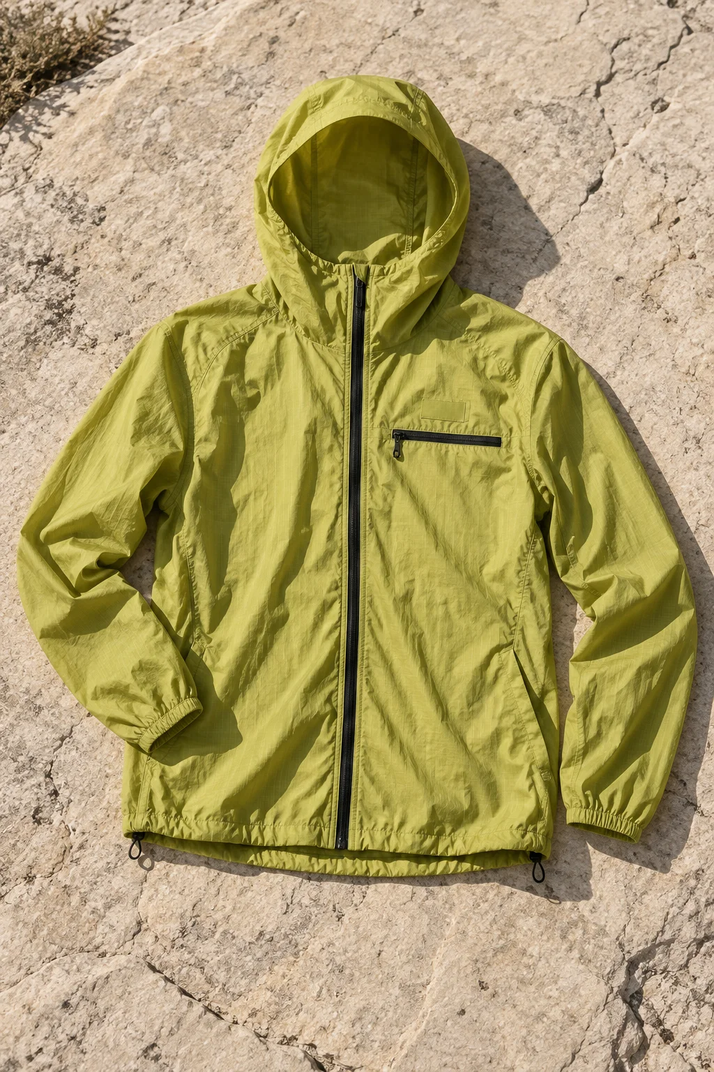 Sulphur yellow-green hooded wind shell with a black front zip, laid on sunlit limestone