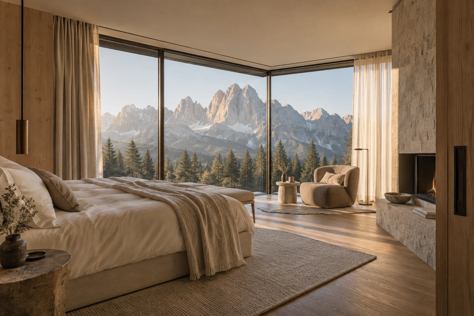 Summit Suite: natural linen, limestone and a panorama of pale peaks