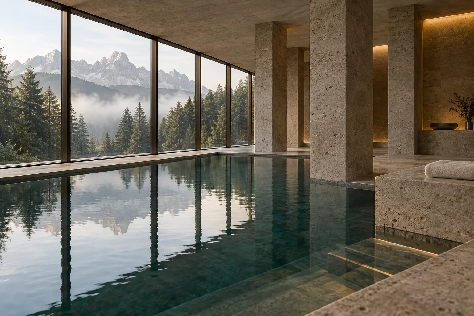 Still water in the limestone pool, overlooking pine trees and the mountains