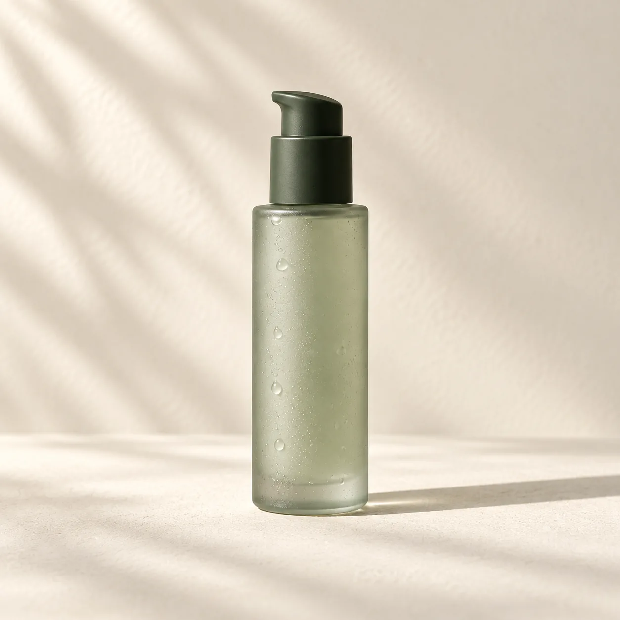 Gentle daily cleanser in frosted sage glass with an olive-green pump