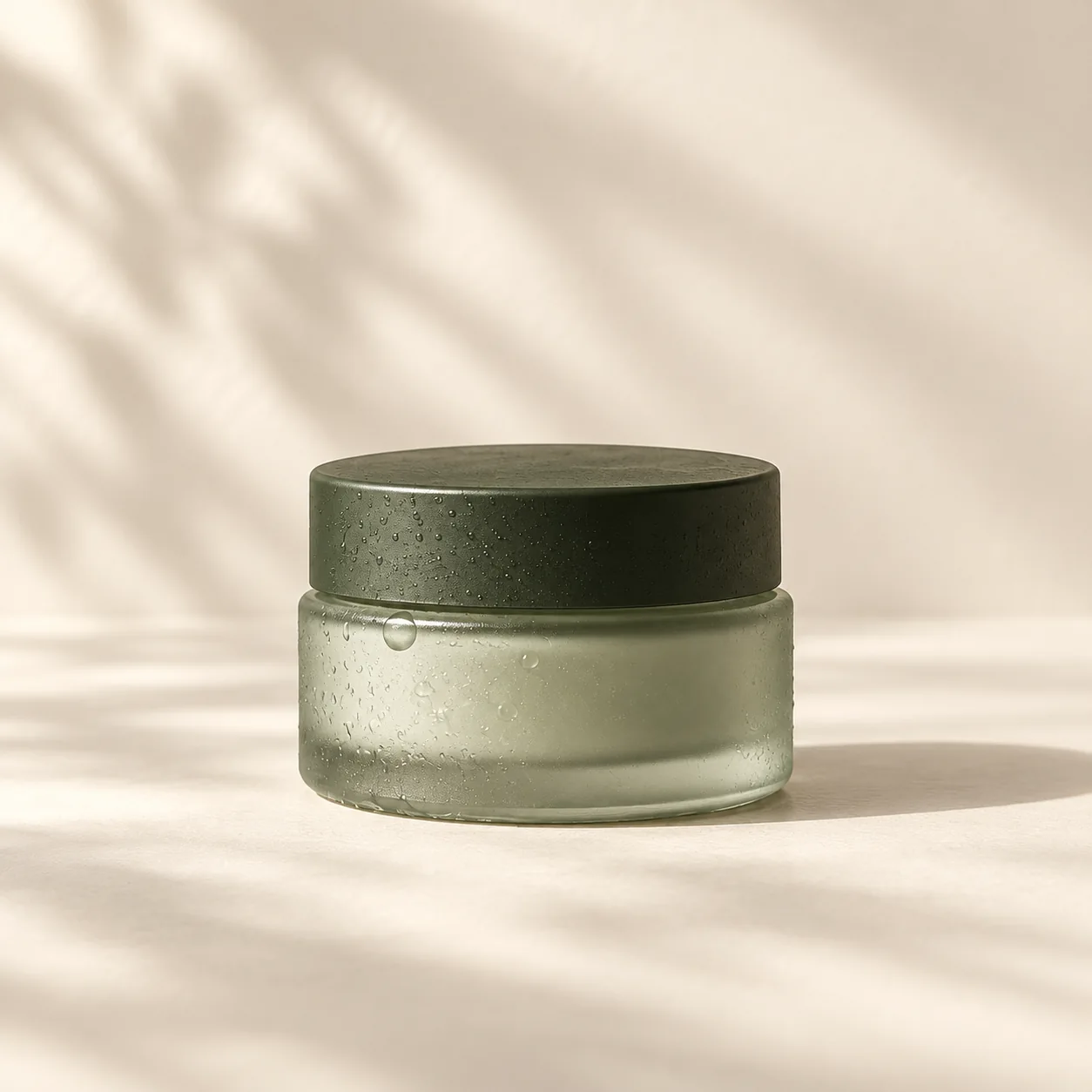 Daily moisturiser in frosted sage glass with an olive-green lid