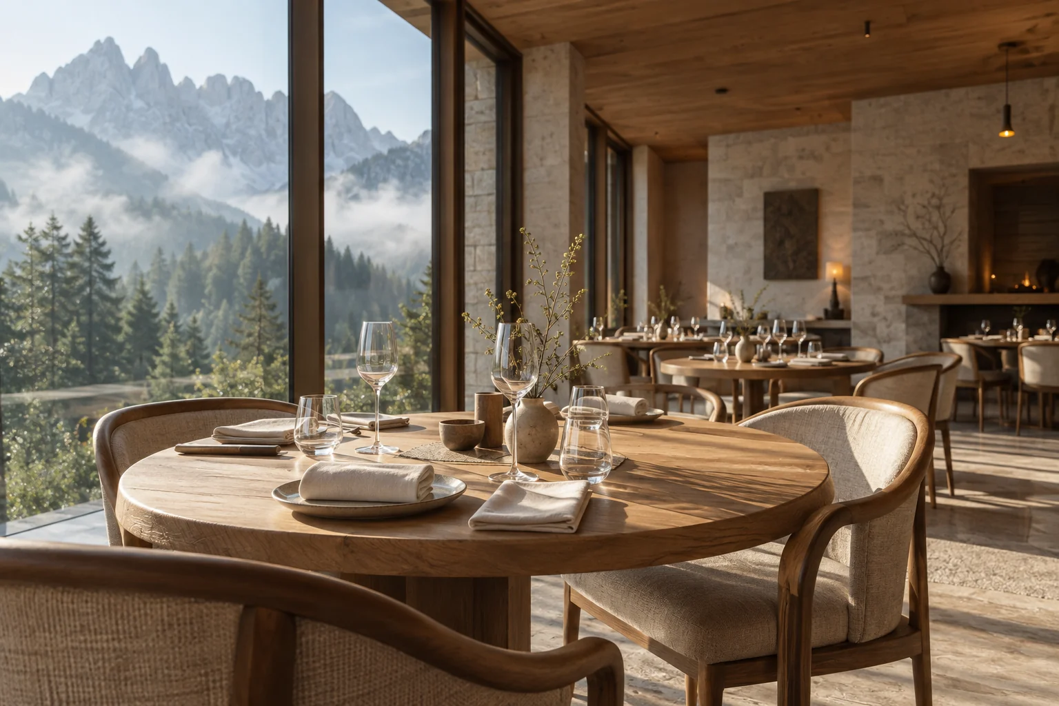 A thoughtfully laid oak table in a warm dining room overlooking the Dolomites