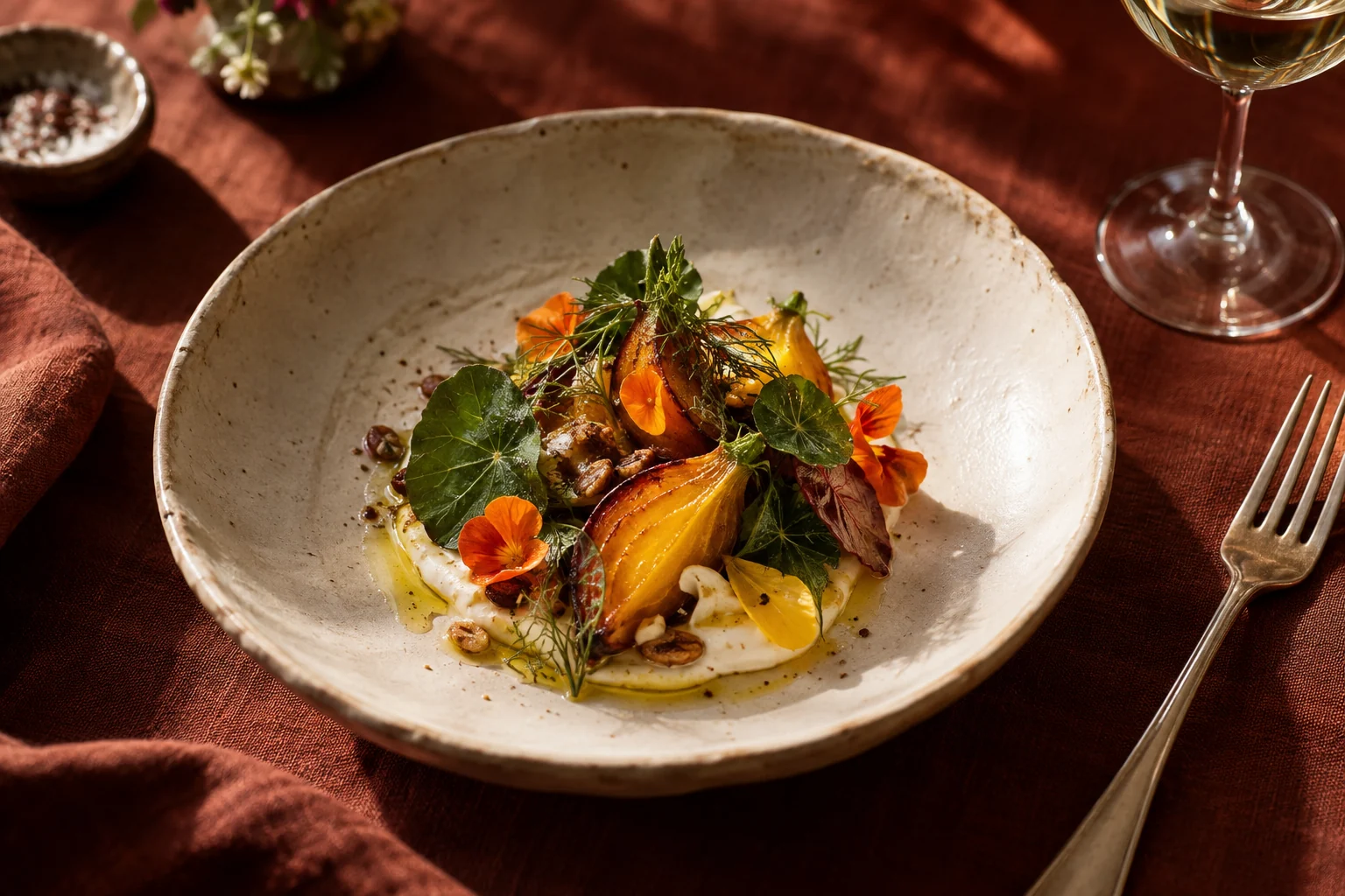 A seasonal plate of golden beet, cultured cream and herbs on handmade ceramic