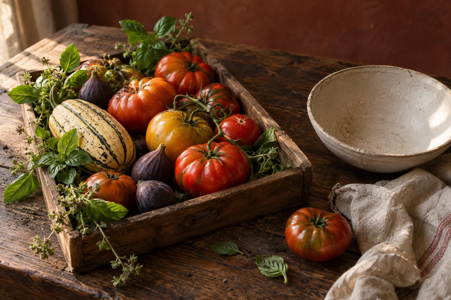 A morning harvest of ripe tomatoes, squash and leafy herbs in wooden trays on a kitchen table
