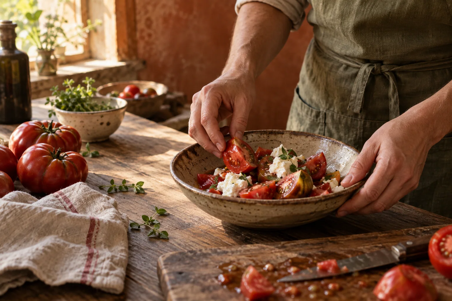 A cook’s hands arranging late-season tomatoes beside bowls of fresh herbs in a sunlit kitchen