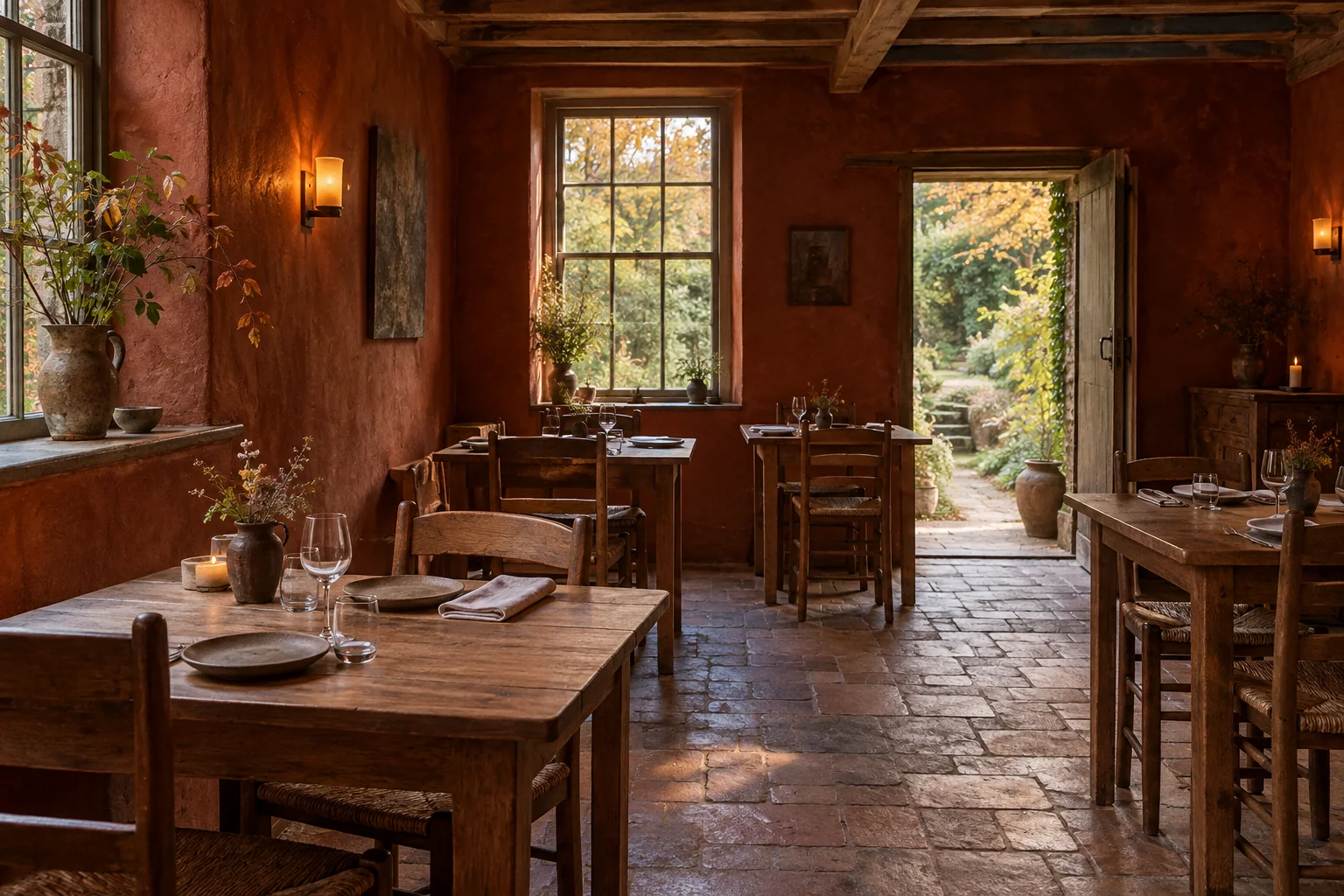A warm, intimate dining room with clay walls, oak tables and a window onto a leafy garden